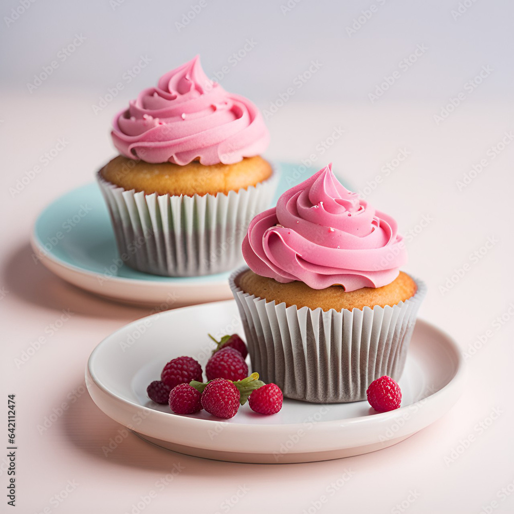 Two cupcakes with pink cream and raspberries.