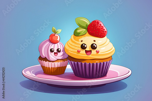 Illustration of two kawaii cupcakes with fruits.