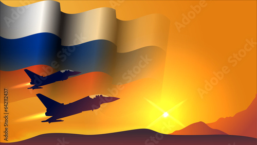 fighter jet plane with russia waving flag background design with sunset view suitable for national russia air forces day event