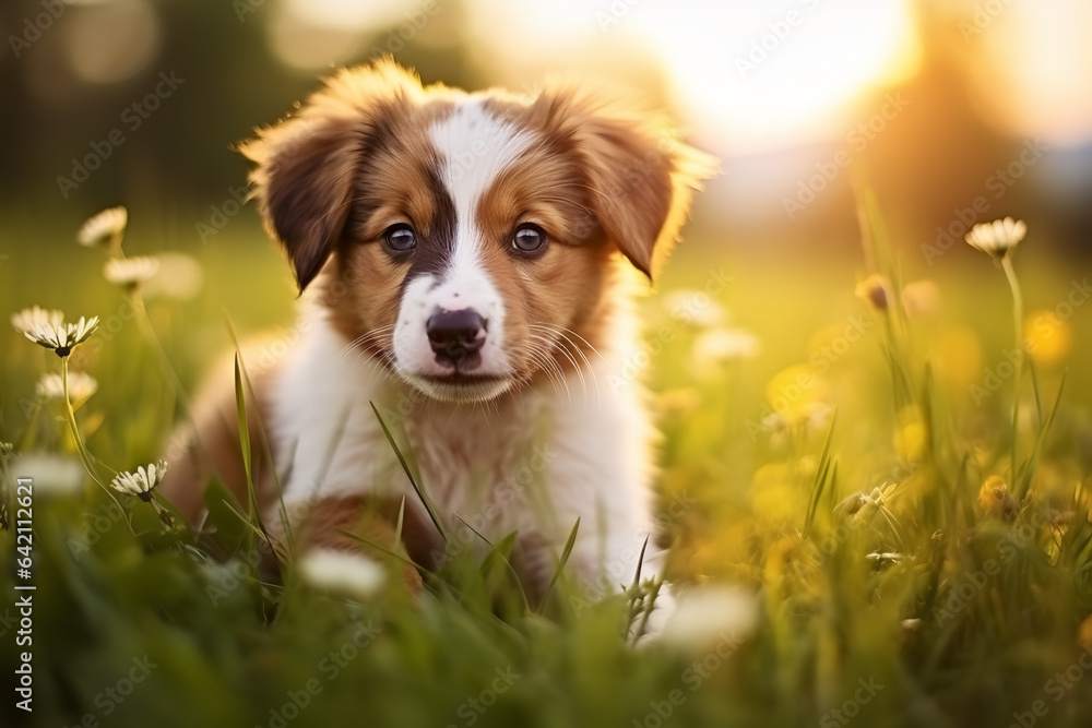 Cute puppy playing in the grass surrounded by beautiful nature, Cute puppy playing in the grass 