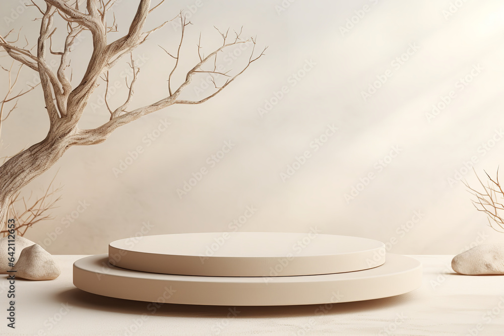 Empty round beige platform podium, stone and dry tree twigs on white beach sand background. Minimal creative composition background for cosmetics or products presentation. Front view Empty round beige platform podium, stone and dry tree twigs on white beach sand background. Minimal creative composition background for cosmetics or products presentation. Front view