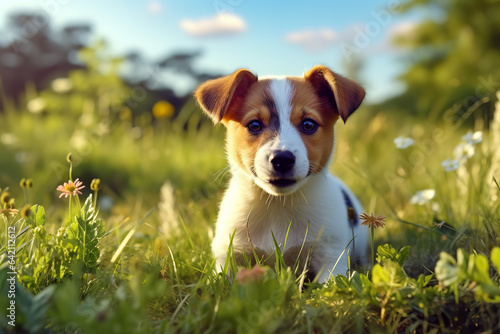 Cute puppy playing in the grass surrounded by beautiful nature, Cute puppy playing in the grass 
