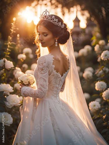 Beautiful young bride in a gorgeous white lace wedding dress. Outdoor portrait in the garden at sunset.