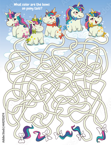 Children logic game to pass maze. What color are the bows on pony tails. Cute ponies sit on clouds. Educational game. Attention task. Choose right path. Funny cartoon character. Worksheet page © kharlamova_lv