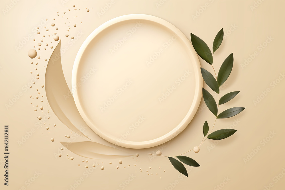Leaf with circle and arch to show cosmetic products. Beige color background for branding and packaging presentation Leaf with circle and arch to show cosmetic products. Beige color background for branding and packaging presentation