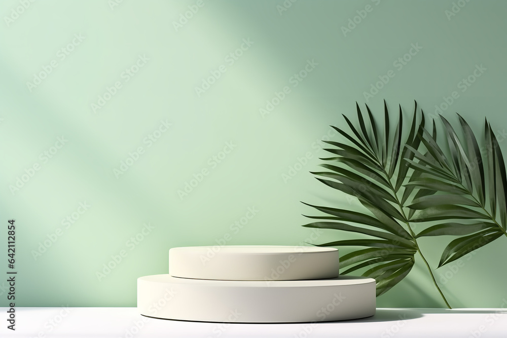 Minimal abstract background with shadow of tropical palm leaves. Presentation of cosmetic product. Premium podium on pastel light green wall and white table. Showcase, display case, Front view. Mockup Minimal abstract background with shadow of tropical palm leaves. Presentation of cosmetic product. Premium podium on pastel light green wall and white table. Showcase, display case, Front view. Mockup