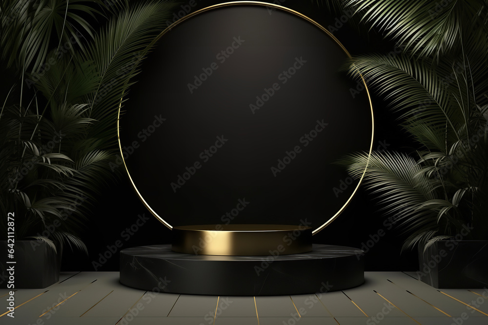 Minimal black scene with geometric shapes and palm leaves. Cylindrical gold and black podium background. 3D stage for displaying a cosmetic product. Minimal black scene with geometric shapes and palm leaves. Cylindrical gold and black podium background. 3D stage for displaying a cosmetic product.