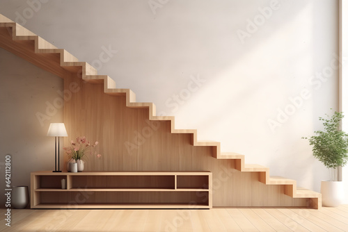 Illustration of wooden staircase in interior of minimalist style 