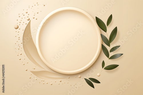 Leaf with circle and arch to show cosmetic products. Beige color background for branding and packaging presentation