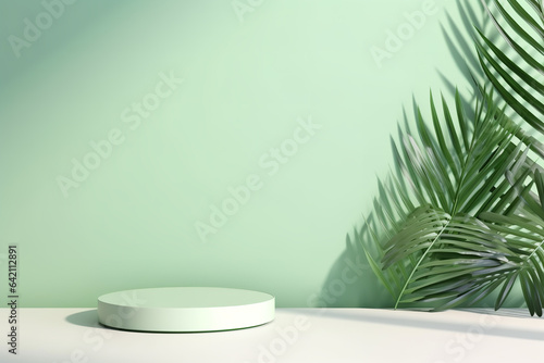 Minimal abstract background with shadow of tropical palm leaves. Presentation of cosmetic product. Premium podium on pastel light green wall and white table. Showcase  display case  Front view. Mockup