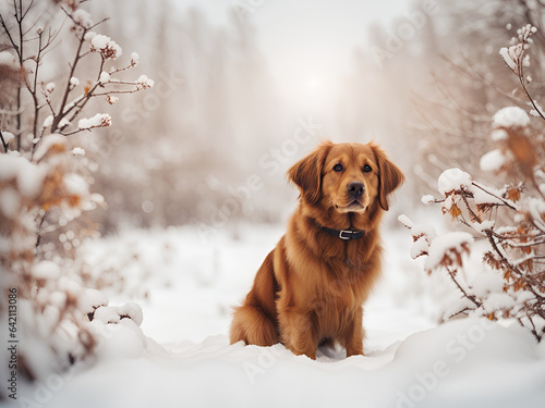 Winter outdoor portrait of a brown dog sitting in snow. Generative AI.