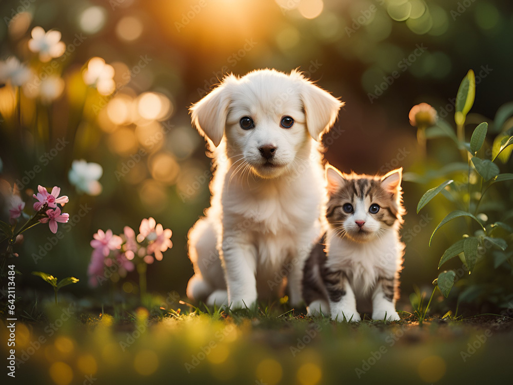 Outdoor portrait of a little puppy and kitten. Cute animals at sunset. Generative AI. Outdoor portrait of a little puppy and kitten. Cute animals at sunset. Generative AI.