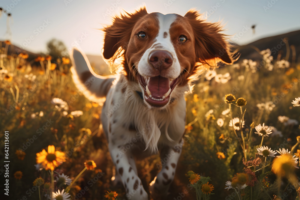 The Brittany dog happily wagged its tail as it ran through a field