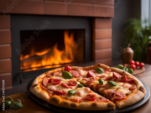 Delicious homemade pizza closeup. Fireplace, wooden table, food. Generative AI.