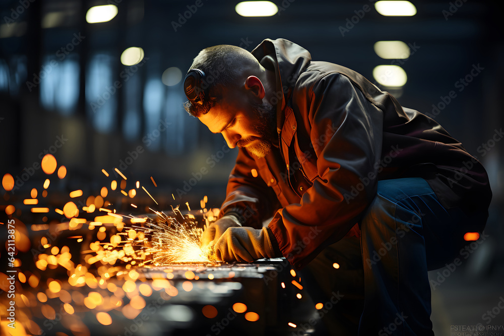 Worker creating fence near orange sparks in smithy