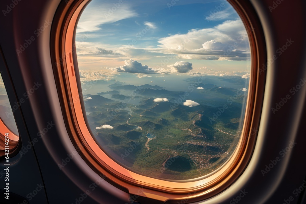 View from the airplane window to the sea and clouds. Travel concept