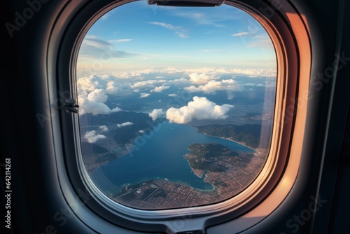 View from the airplane window to the sea and clouds. Travel concept