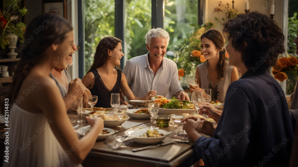 A multi-generational family gathers around the dining table, sharing laughter and stories. The focus of the photography is on the expressive faces and the genuine emotions.