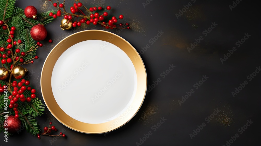 Decorated black table with christmas tree branch with golden balls, red rowans and empty golden plate, top view angle, generative ai - obrazy, fototapety, plakaty 