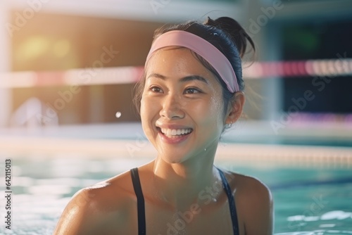 Professional swimming asian woman with smile in swimming pool