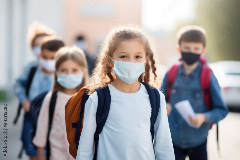 School child wearing face mask during corona virus