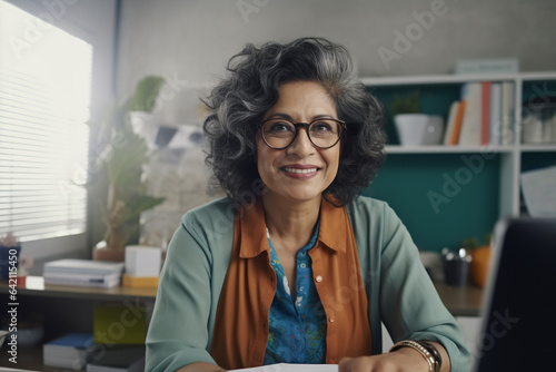Generative ai portrait of a confident and reassuring mature indisn businesswoman sitting desk photo
