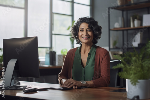 Generative ai portrait of a confident and reassuring mature indisn businesswoman sitting desk photo