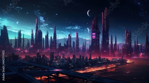 Futuristic cyber city at night  landscape scene. Created with Generative Ai technology.