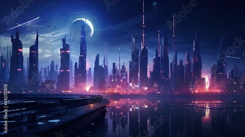 Futuristic cyber city at night, landscape scene. Created with Generative Ai technology.
