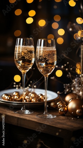 Champagne Flutes with Gold Decorations and Sparkly Ornaments