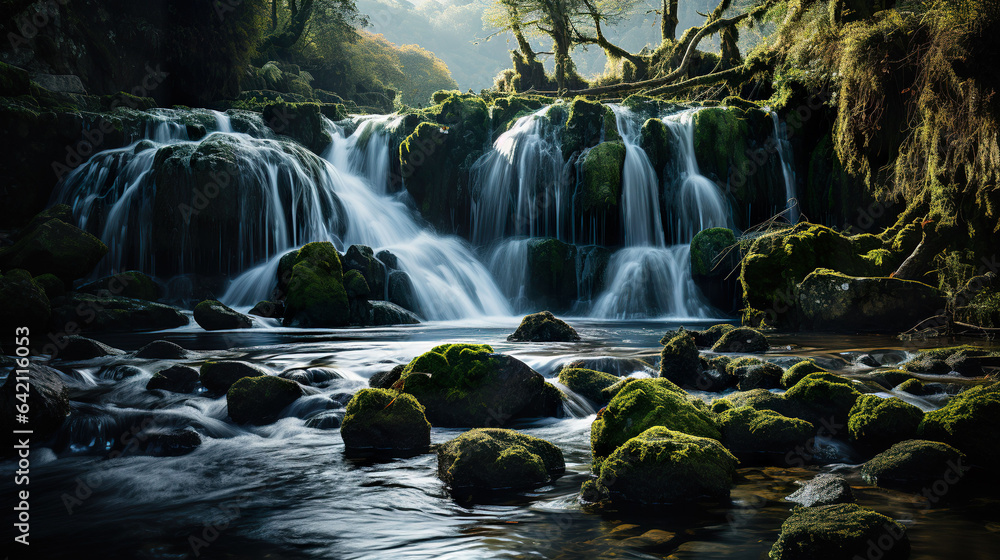 Long exposure of waterfall in the forest with green moss in the foreground. 