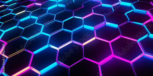abstract background with neon glowing hexagons. 