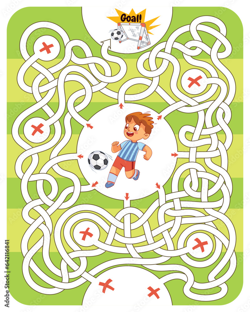 Boy is playing soccer on soccer field. Help him find right path in maze. Children logic game to pass the maze. Educational game for kids. Attention task. Choose right path. Funny cartoon character Boy is playing soccer on soccer field. Help him find right path in maze. Children logic game to pass the maze. Educational game for kids. Attention task. Choose right path. Funny cartoon character