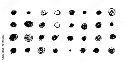 Set of hand drawn doodle circles in a grunge style. Scribble doodle circle and point. Collection black shapes dots and drops. Vector illustration for bullet journal. Isolated white background.
