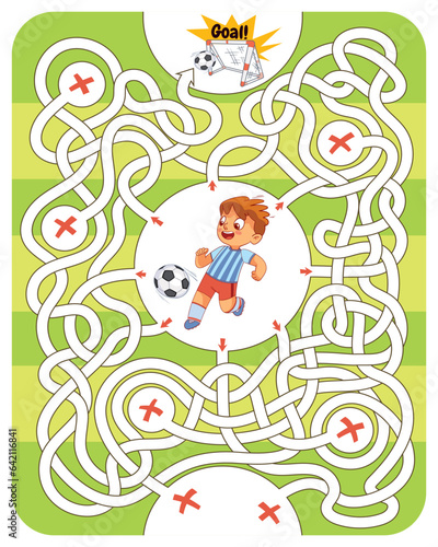 Boy is playing soccer on soccer field. Help him find right path in maze. Children logic game to pass the maze. Educational game for kids. Attention task. Choose right path. Funny cartoon character