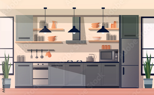Modern kitchen in flat style. Kitchen interior with furniture. Vector stock