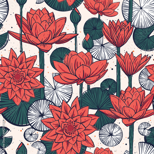 Vector seamless pattern with water lilies lotus flowers.