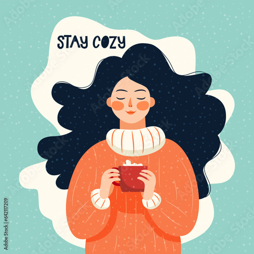 Girl in warm sweater, holding mug in her hands. Christmas and winter vector illustration.