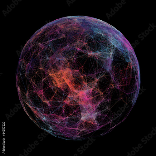Futuristic vector sphere composed of particles and connecting lines, representing network connections and big data in an abstract technological background.