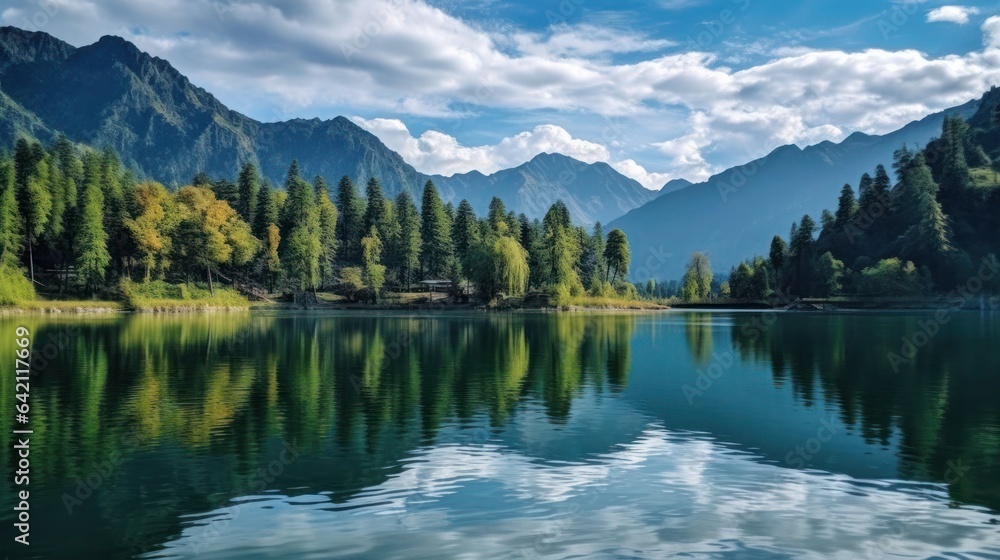 A serene mountain landscape with a reflective lake, surrounded by picturesque mountains and trees, illustrating nature's serene beauty. High quality photo