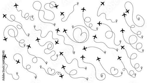Airplane or aeroplane routes path set. Travel concept from start point and dotted line tracing. Aircraft tracking, plane path, travel, map pins, location pins. Vector illustration. White background.