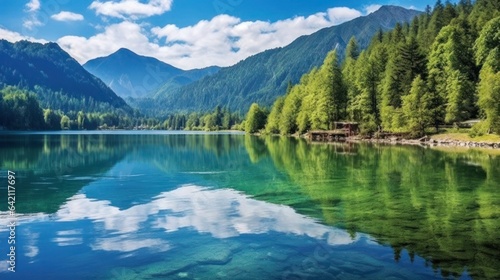 A serene mountain landscape with a reflective lake  surrounded by picturesque mountains and trees  illustrating nature s serene beauty. High quality photo