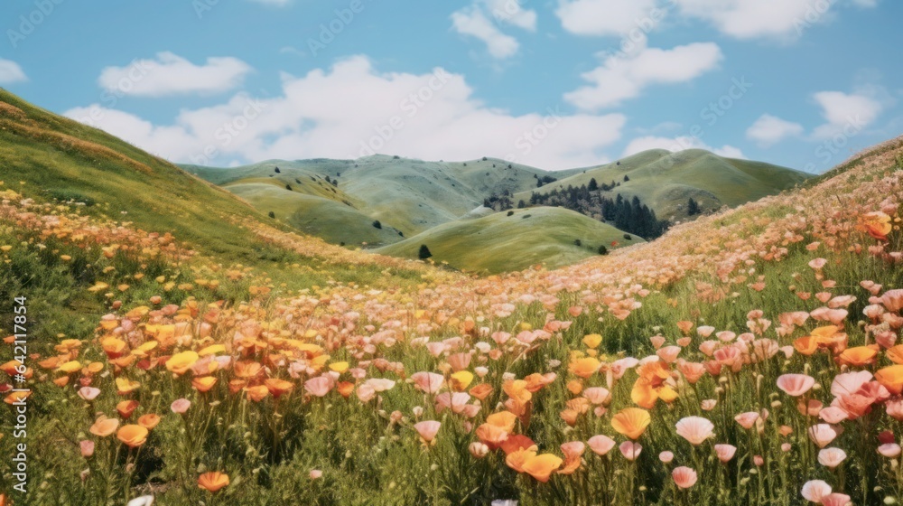 Panorama view of valley with wild flower and clear sky