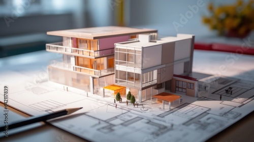 Mini modern house on blueprint architect concept