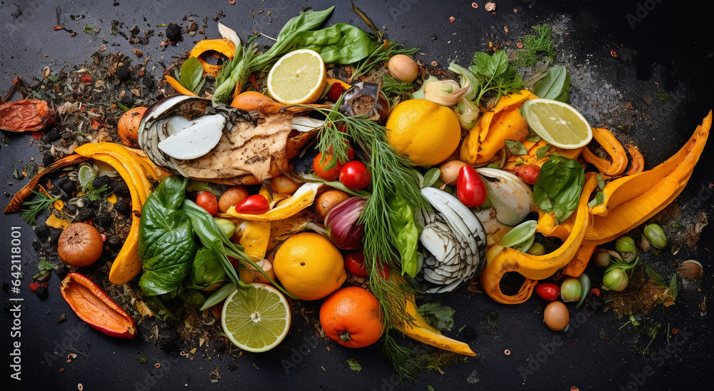 supermarket food waste, fruits, vegetables, top view - obrazy, fototapety, plakaty 