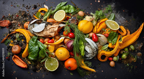 supermarket food waste, fruits, vegetables, top view © Strabiliante