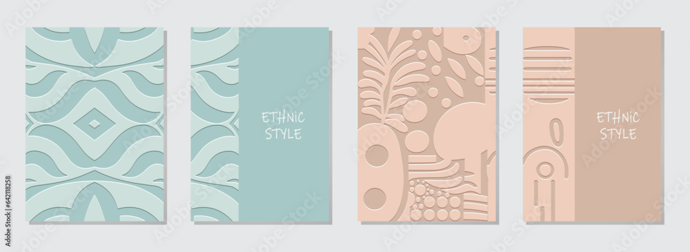 Cover set, vertical templates. Collection of embossed geometric backgrounds with ethnic 3d pattern, light texture. Boho, minimalist designs of East, Asia, India, Africa, Mexico, Aztec, Peru.