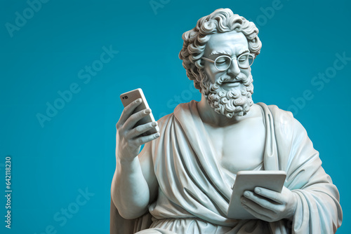 Ancient old Greek God statue with curly hair, smiling, reading text message on modern smartphone, on pastel blue background photo