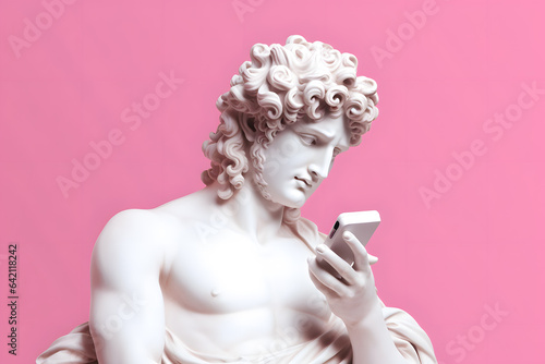 Ancient Greek God statue with curly hair, reading text message on modern smartphone, on pastel blue background