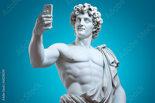 Ancient Greek God sculpture, making selfie on pastel background